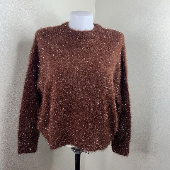 Oak + Fort Sz XS Sparkle Sweater Pullover Rust Orange Tinsel Look Oversized - Picture 2 of 6